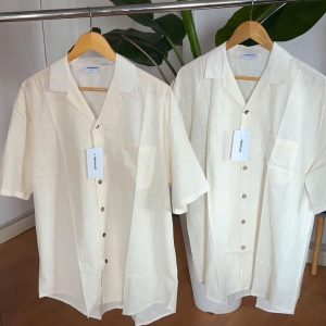 TETANURA Cream Oversize Cuban Style Light Linen Shirt