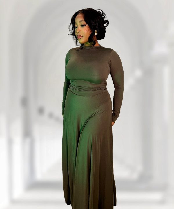 Step out in the sleek olive long-sleeve maxi dress featuring a high neckline and body-hugging fit that flows effortlessly with every move